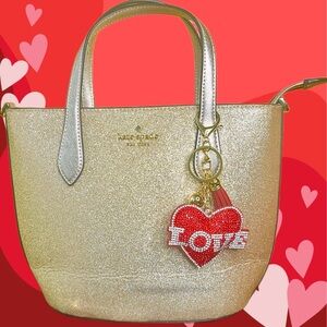 Kate Spade Gold Glitter Tote Bag with Rhinestone Heart Charm w/COA